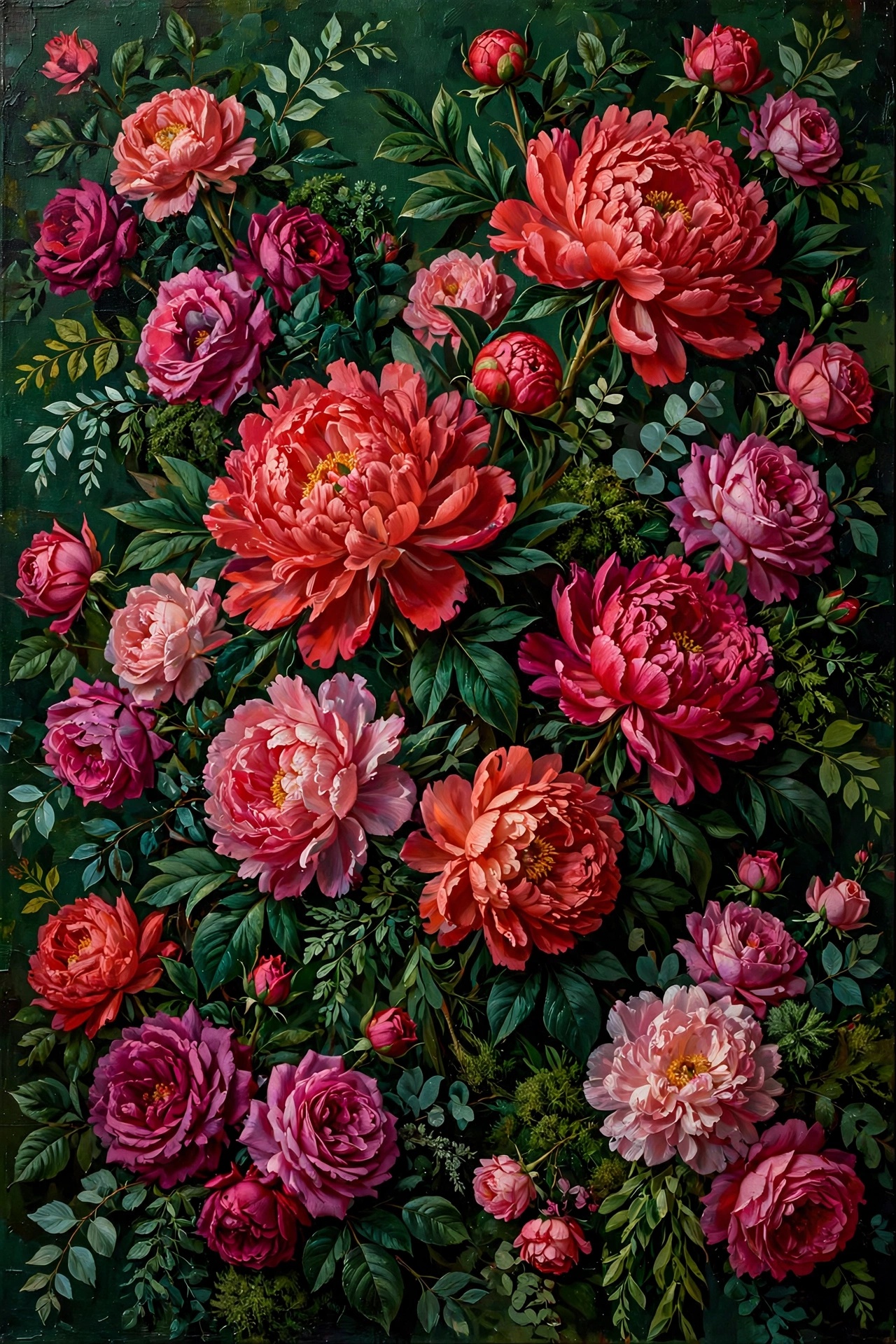 Coral peonies on deep green